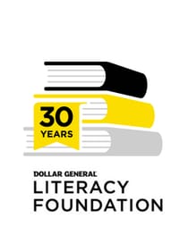 Logotipo del 30 aniversario de la Dollar General Literacy Foundation - 3 libros apilados con una cinta que dice 30 años